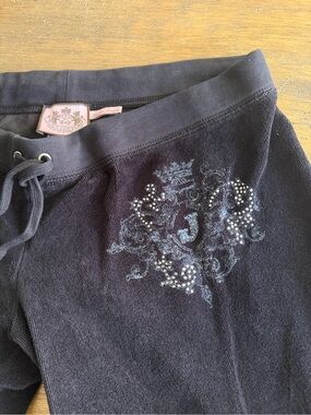 Y2K Juicy Couture Black Velour Sweatpants with Crystal Crest Detail